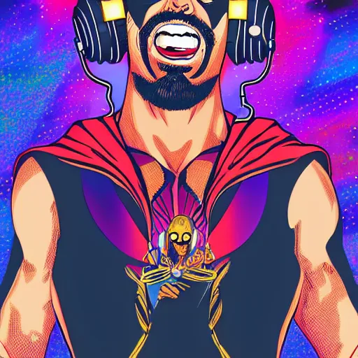 Image similar to artgerm, psychedelic laughing cybertronic dr. strange, rocking out, headphones dj rave, digital artwork, r. crumb, svg vector