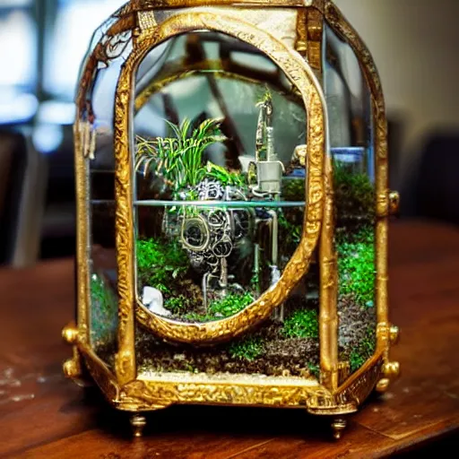 Prompt: extremely detailed and ornate steampunk terrarium on a table In a cold white research lab