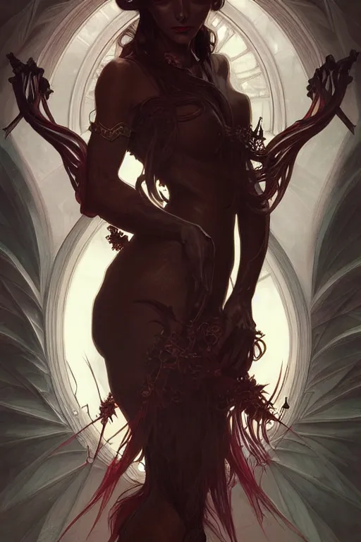 Prompt: demonic, dark fantasy, intricate, elegant, highly detailed, digital painting, artstation, concept art, matte, sharp focus, illustration, art by artgerm and alphonse mucha