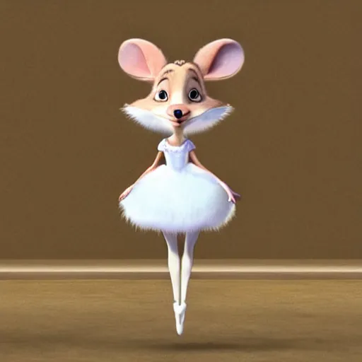 Prompt: a anthropomorphic mouse female ballerina with white fur in a white dress, in the style of zootopia