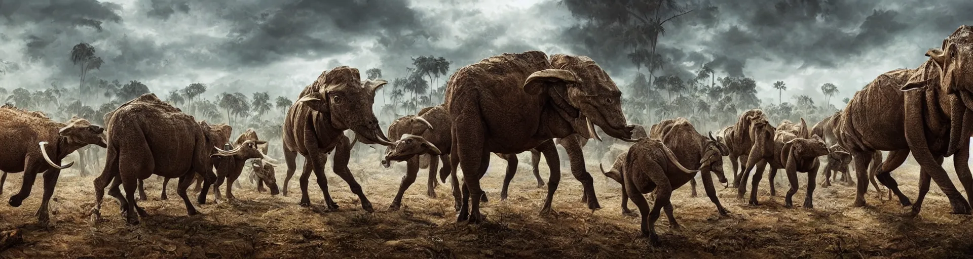 Prompt: highly detailed portrait photo of a herd of Mûmakil Oliphaunts, wandering through a scenic dystopian fantasy environment, hyperrealistic Illustration