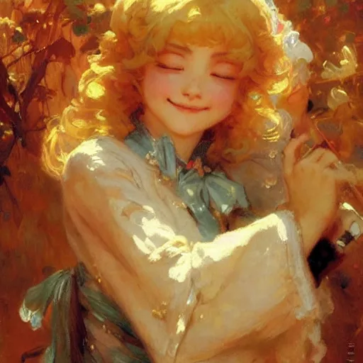 Prompt: a detailed portrait of am adorable anime girl, lovely smile, eyes closed, painting by gaston bussiere, craig mullins, j. c. leyendecker