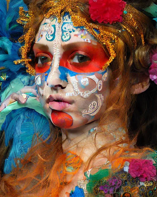 Image similar to a beautiful girl at carnival wearing colourful face paint surrounded by colourful intricate patterns, by edgar maxence and caravaggio and michael whelan, intricate painting, hyper realistic, extremely detailed and beautiful aesthetic face, 8 k resolution