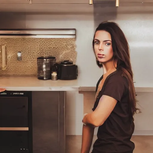 Image similar to a candid photo of a brunette female, young, athletic, australian, hyperrealistic artstation face, wearing a gold tshirt in a kitchen