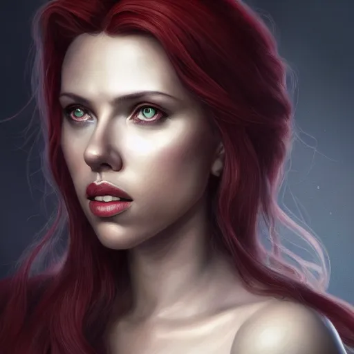 Image similar to detailed portrait of scarlett johansson as marceline, beautiful, fantasy, intricate, elegant, highly detailed, digital painting, artstation, concept art, matte, sharp focus, illustration, art by aenaluck, artgerm and roberto ferri and greg rutkowski, epic fantasy, digital painting