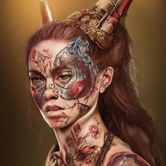 Image similar to Rebeca Ferguson as a female warrior, body covered in floral tattoos, D&D, fantasy, highly detailed, digital art, trending on artstation, smooth, sharp focus, illustration, art by Peter Tang and artgem