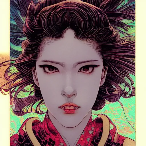 Prompt: closeup of girl from 8 0 s, by yoichi hatakenaka, masamune shirow, josan gonzales and dan mumford, ayami kojima, takato yamamoto, barclay shaw, karol bak