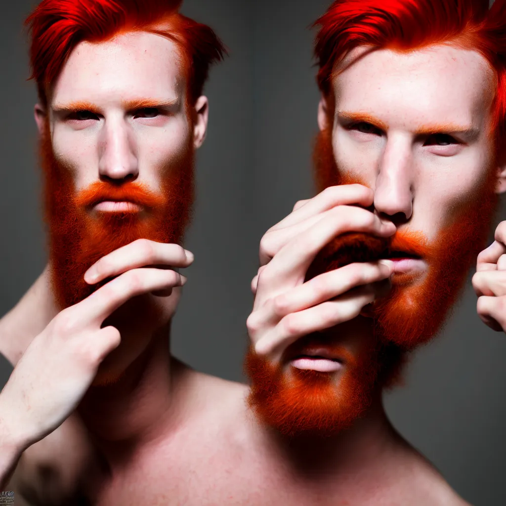 Prompt: a red haired guy, gucci male model type of guy, having smoke coming out from his ear and weed leaves inside his pupils. Super highly detailed picture, 8k, professional portrait photographer