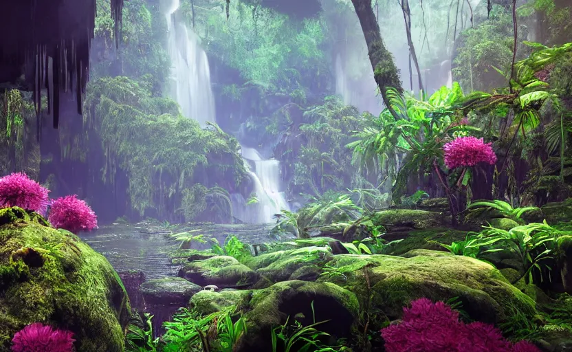 Image similar to a beautiful render of a dark prehistoric rainforest in a humongous cave, lush flora, patches of sky, magenta flowers, sunset, floating mountains and a waterfall in the background, intricate detail, hazy, humid, volumetric lighting, 8 k, photorealistic, raytracing effects, unreal engine 5