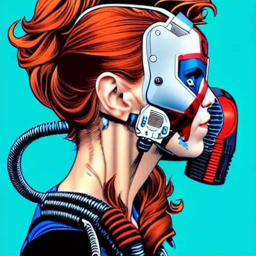 Image similar to a profile photo of a red head woman with a diving oxygen mask with side profile blood in ocean intricate details by MARVEL comics and Sandra Chevrier-C