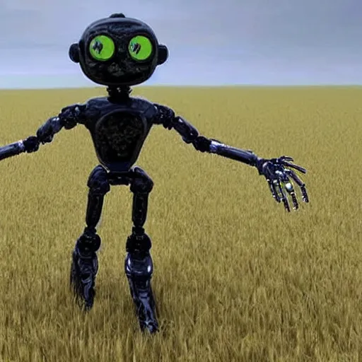 Prompt: a robot that looks like Gollum being tested in a plain field, photorealistic