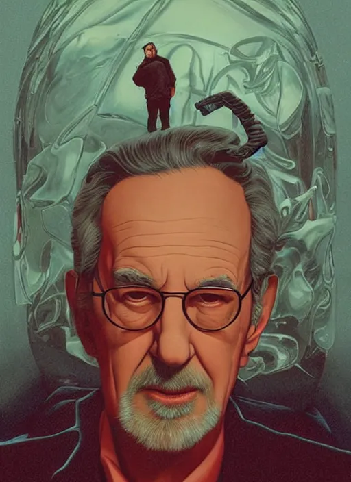 Image similar to poster artwork by Michael Whelan and Tomer Hanuka, Karol Bak of portrait of Steven Spielberg, from scene from Twin Peaks, clean