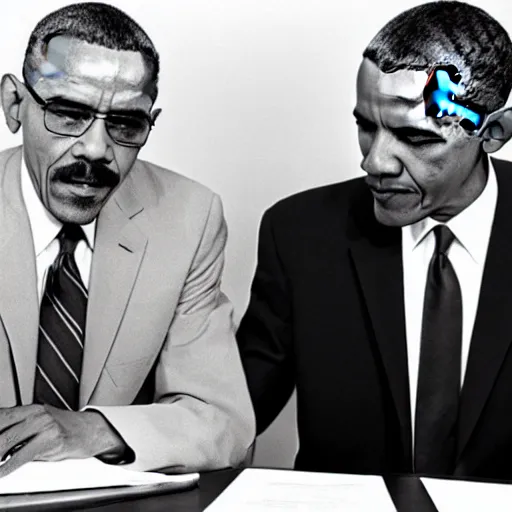 Image similar to Walter White and Barack Obama signing an agreement, 1967 photo