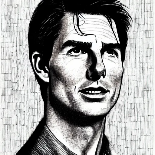 Image similar to a portrait drawing of Tom Cruise drawn by Robert Crumb