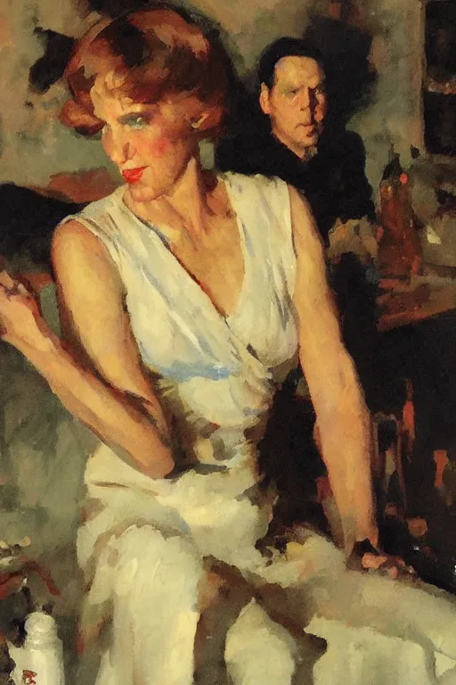 Image similar to your mother in a darkened room, painted by tom lovell frank schoonover dean cornwell mandy jurgens everett raymond kinstler