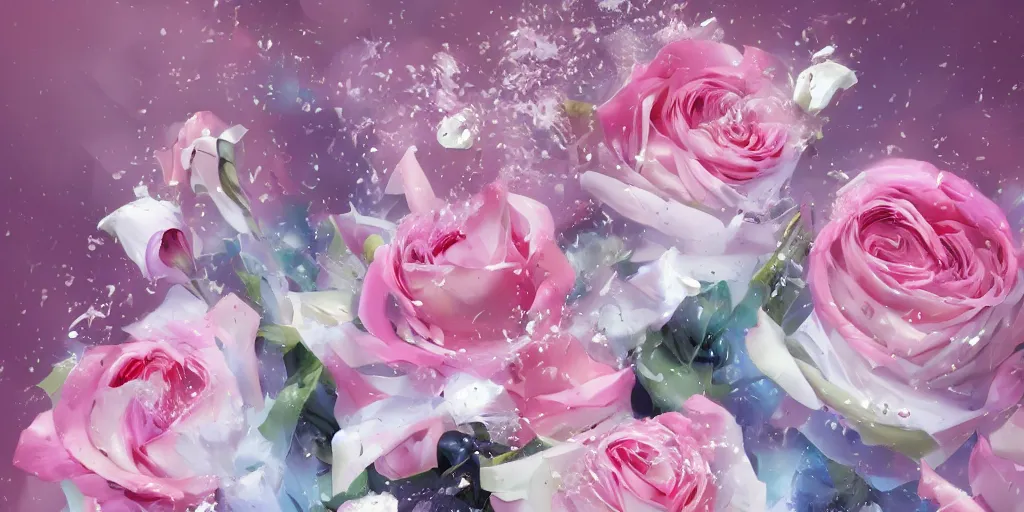 Image similar to action shot of magic invisible force blade slicing through a bouquet of white and pink roses, flowers exploding and splattering, big puffy clouds, exploding roses, large rose petals, lotus petals, large polygonal background elements, large polygons, studio ghibli anime, radiant lighting, artgerm, manga, trending on artstation, art nouveau, mature colors