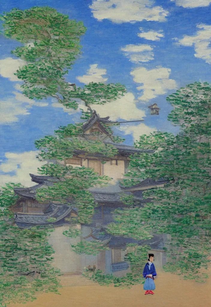 Prompt: tiny samurai in front of a futuristic japanese country side landscape, edo era house in the background, blue sky, magnificient clouds, lofi vibe, vivide colors, amazing light, really beautiful nature, oil painting, impressionist style, by claude monet, by ghibli, kandinsky touches, multiple brush strokes, masterpiece