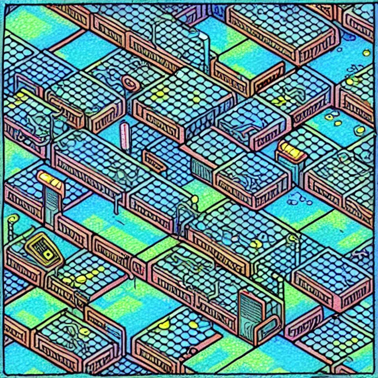 Prompt: an absurdly-detailed isometric cyberpunk alleyway colored-pen drawing as a fancy square tile. Sea-life in a submerged-city.