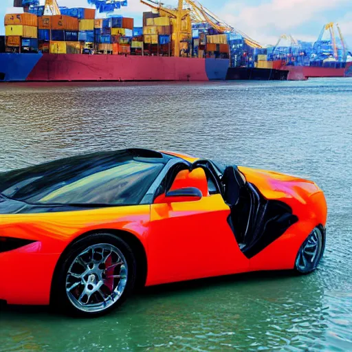 Prompt: professional high quality wide - angle image of a colorful sports car from the year 2 0 7 7. the car is badly damaged and crashed halfway headlong into the water at the stevedoring port. ( 2 0 7 7 kodachrome panavision ). the weather is very pretty. imax 7 0 mm, wide - angle.