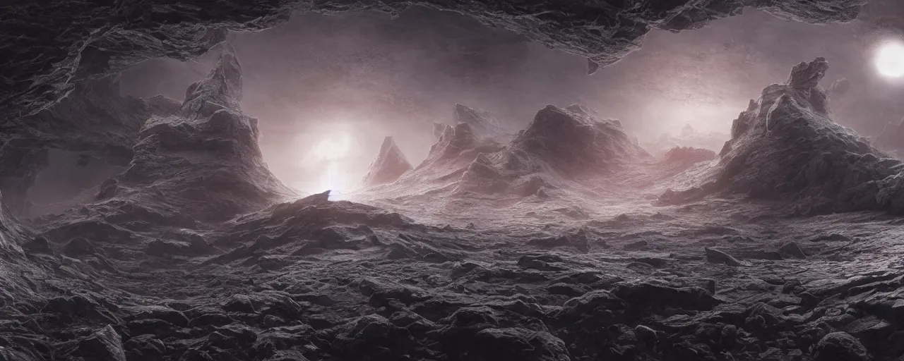 Image similar to dark space panorama by wayne barlowe, octane render