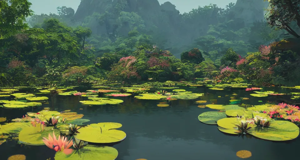 Image similar to A beautiful calm pond full of lilypads infront of a scenic mountain range, rendered by Beeple, Makoto Shinkai, syd meade, simon stålenhag, environment concept, digital art, unreal engine, WLOP, trending on artstation, low level, 4K UHD image, octane render,