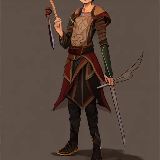 Prompt: A fullbody portrait of an adolescent male half-elf wizard who is tall and slim, focus on face, short brown hair, smiling, wizard robes, staff, sharp focus, highly detailed, photograph, cinematic, dynamic lighting, trending on artstation, digital painting, in the style of Chris Ostrowski