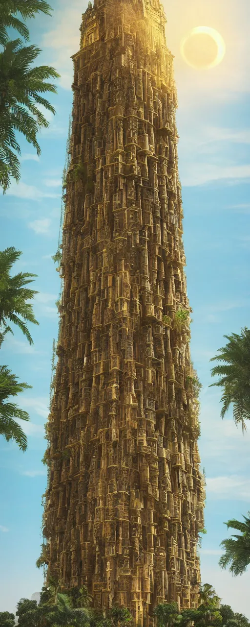 Image similar to eye level view of single tower, golden facade babylon tower, sacred ancient architecture, hanging gardens, cascading highrise, arid mountains with lush palm forest, sunlight, post - production, octane, cgi, sfx