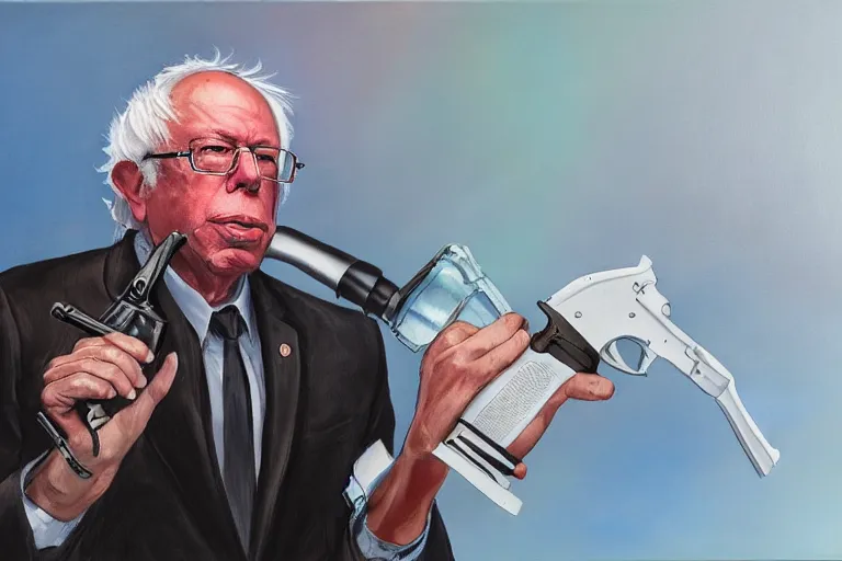 Image similar to Bernie Sanders as gangsta rapper, drinking cough syrup, carrying an Uzi, oil on canvas, artstation, portrait, masterpiece, aesthetic