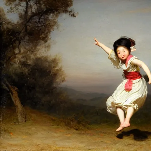 Prompt: a korean girl jumping over a bonfire by franz xaver winterhalter