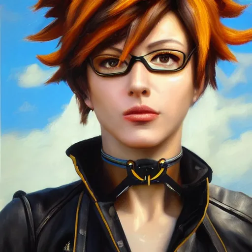 Prompt: oil painting of tracer overwatch in a field, in style of mark arian, expressive face, very detailed face, wearing black steel choker, very detailed eyes, full body, feminine face, detailed makeup on eyes,