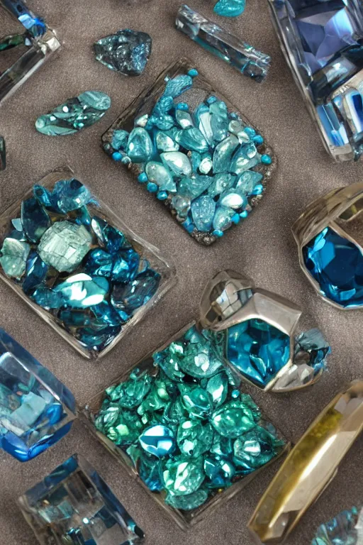 Image similar to a desk full of blue and green diamonds