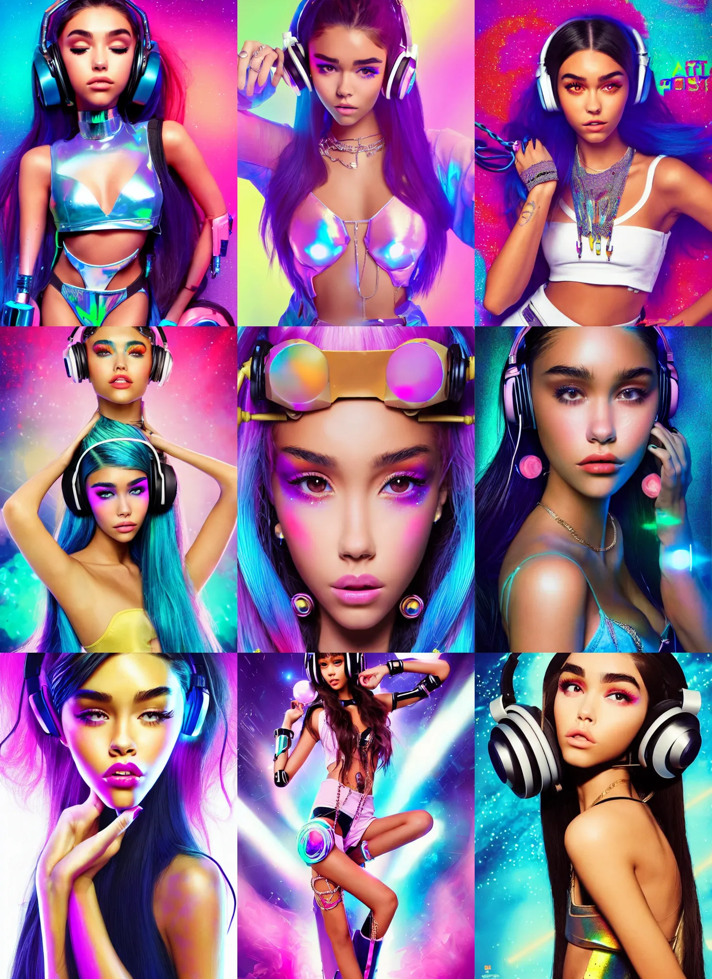 Prompt: BOTS movie poster body portrait fashion pose of madison beer :: of a pearlescent iridescent college teen cyborg on a crowded packed nyc sidewalk, high-fashion photoshoot, hair worn up, elaborate earrings, headphones, cute rave outfit, :: morning, trending on artstation, cinematic lighting, anime girl, ue5, sci-fi, :: rossdraws, nixri, Greg rutkowski, ::