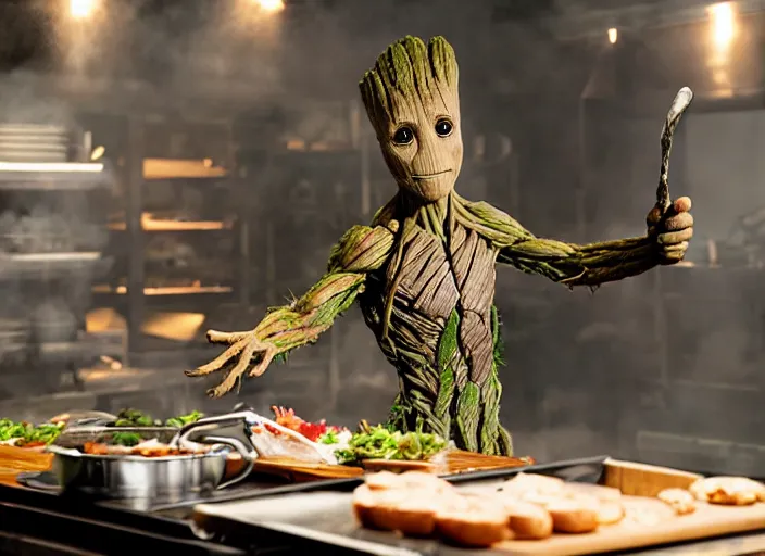 Image similar to film still of Groot working as a chef in the new Avengers movie, 4k