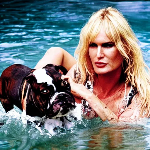 Prompt: daryl hannah in splash with a staffordshire bulldog, professional lighting, cinematic, ultra detailed, rules of thirds. - 7