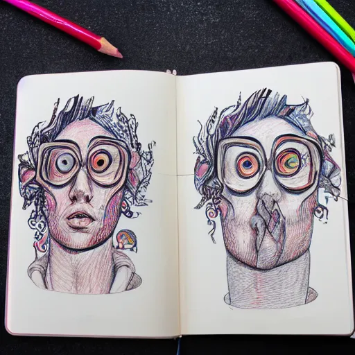 Image similar to psychedelic pencil sketches about social anxiety on a notebook