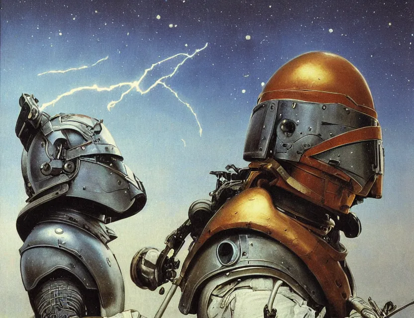 Image similar to a detailed portrait painting of a bounty hunter in combat armour and visor standing inside his ship. cinematic sci-fi poster. Flight suit and wires, accurate anatomy. Samurai influence, fencing armour. portrait symmetrical and science fiction theme with lightning, aurora lighting. clouds and stars. Futurism by beksinski carl spitzweg moebius and tuomas korpi. baroque elements. baroque element. intricate artwork by caravaggio. Oil painting. Trending on artstation. 8k