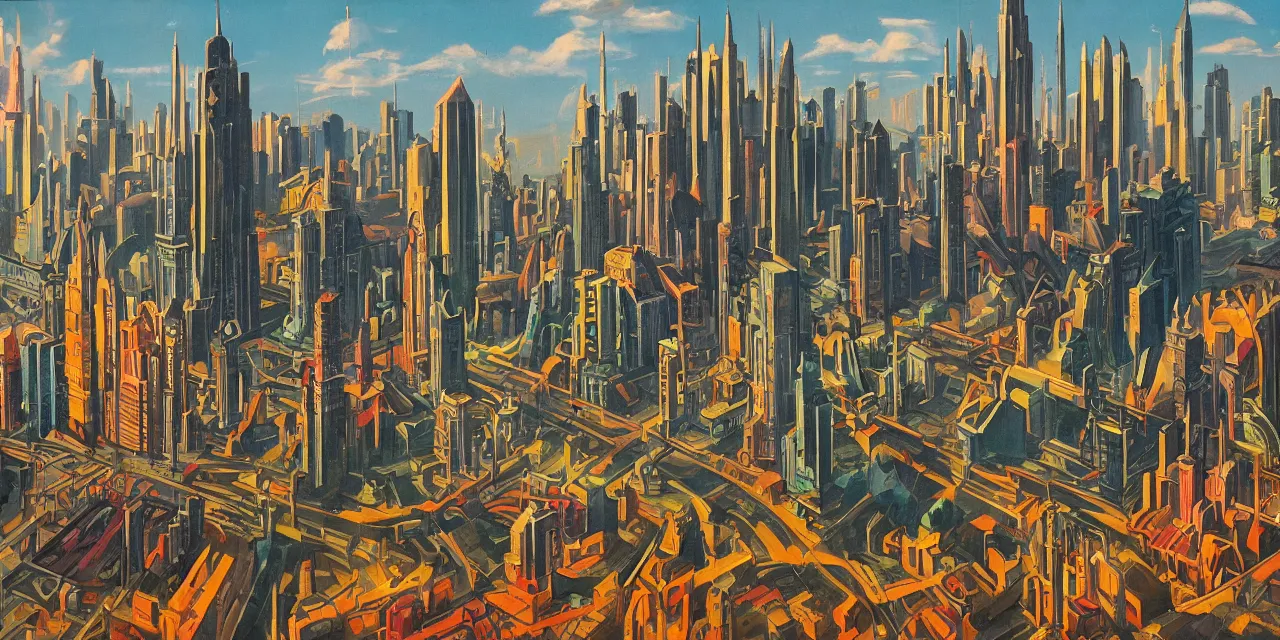Prompt: Cityscape from an adventure game theme of wizards of science (oil paint on canvas, art deco era)