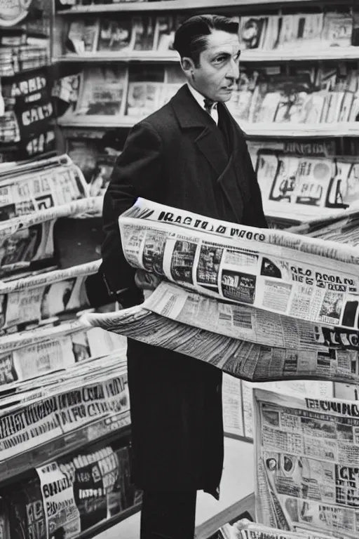 Prompt: a 5 0's detective, buying newspaper at the newsstand