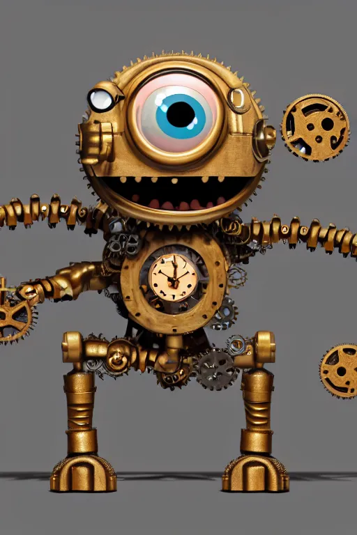 Prompt: a tiny cute steampunk monster with cogs and screws and big eyes smiling and waving, back view, isometric 3 d, ultra hd, character design by mark ryden and pixar and hayao miyazaki, unreal 5, daz, hyperrealistic, octane render, cosplay, rpg portrait, dynamic lighting, intricate detail, summer vibrancy, cinematic