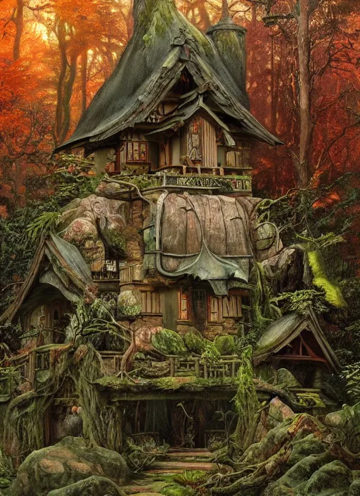 Image similar to hyper realistic witch cottage japanese shrine in the woods gorgeous lighting, highly detailed, lush forest painting by zdzisław beksinski and norman rockwell and greg rutkowskiweta studio, and lucasfilm