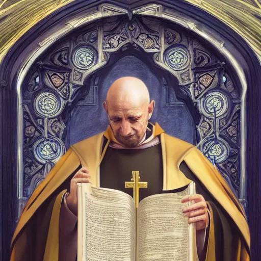 Image similar to a Priest holding up the gospel of Emad in a beautiful cathedral, highly detailed, digital painting, artstation, concept art, smooth, sharp focus, illustration, Unreal Engine 5, 8K, art by artgerm and greg rutkowski and alphonse mucha