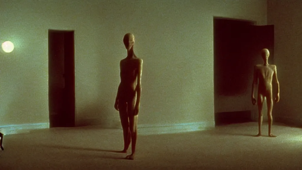 Image similar to a strange creature made of wax and water in the living room, film still from the movie directed by Wes Anderson with art direction by Zdzisław Beksiński, wide lens