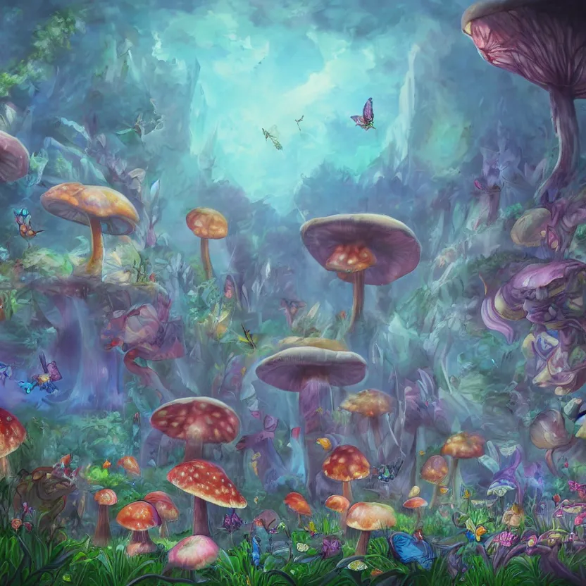 Prompt: a whimsical painting of fairies and butterflies with iridescent wings in a prehistoric garden world. giant mushrooms. dinosaurs. dark atmosphere. soft light. just before dawn. fantasy art. trending on artstation