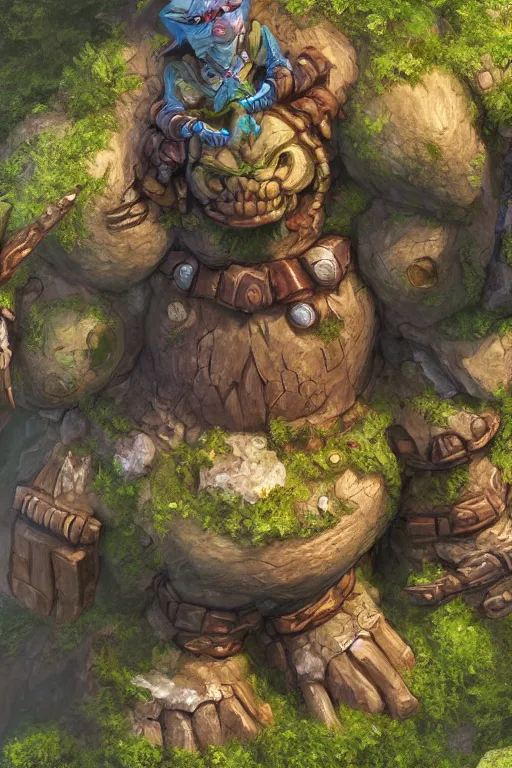 Image similar to zelda fantasy art giant golem troll wood rock greeble gemstone, global illumination ray tracing hdr fanart arstation by sung choi and eric pfeiffer and gabriel garza and casper konefal