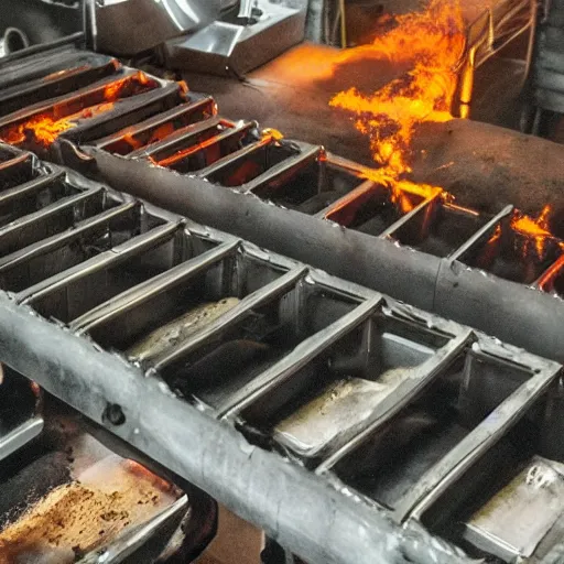 Image similar to toaster ovens on conveyor belt, dark messy smoke - filled cluttered workshop, dark, dramatic lighting, orange tint, sparks, cinematic, highly detailed, sci - fi, futuristic, movie still