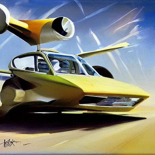 Image similar to minimalist flying car speed concept art oil painting by john berkey , loosely detailed, brush hard