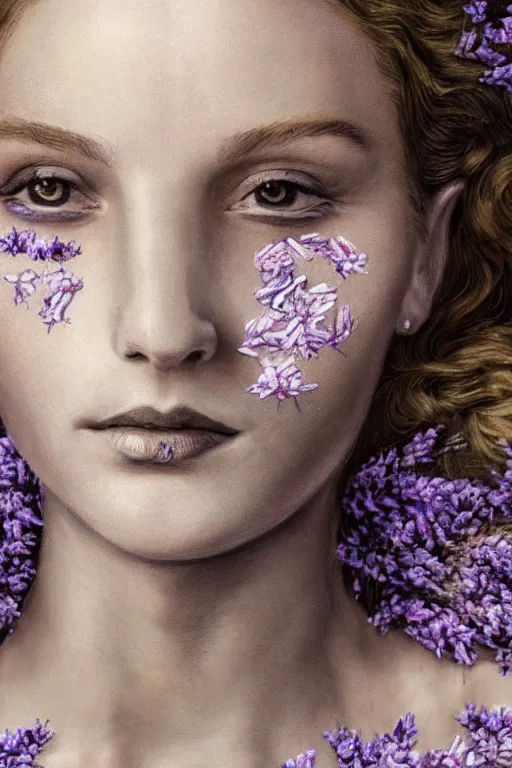 Image similar to hyperrealism close - up mythological portrait of a exquisite medieval woman's shattered face partially made of lavender flowers in style of art deco, wearing silver silk robe, dark palette