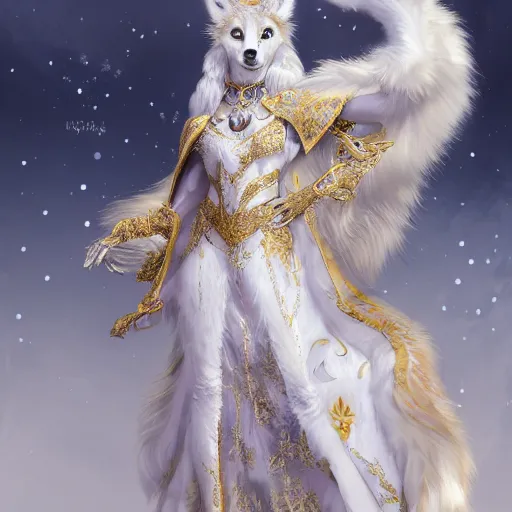 Image similar to commissioned full body furry portrait of a female anthro wolf-headed princess fursona with white hair wearing a white and gold chinese armored dress in a white and gold palace, by Wlop and jerry park, artstation, extremely detailed