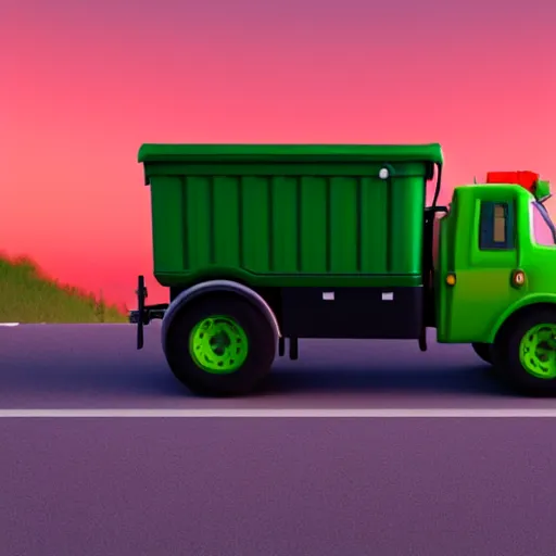 Prompt: garbage man mixed breed dog, green hat, green garbage truck, 3 d model, cartoony, pixar style, artstation, unreal engine, on the side of the road, sunrise, 4 k, ultra quality