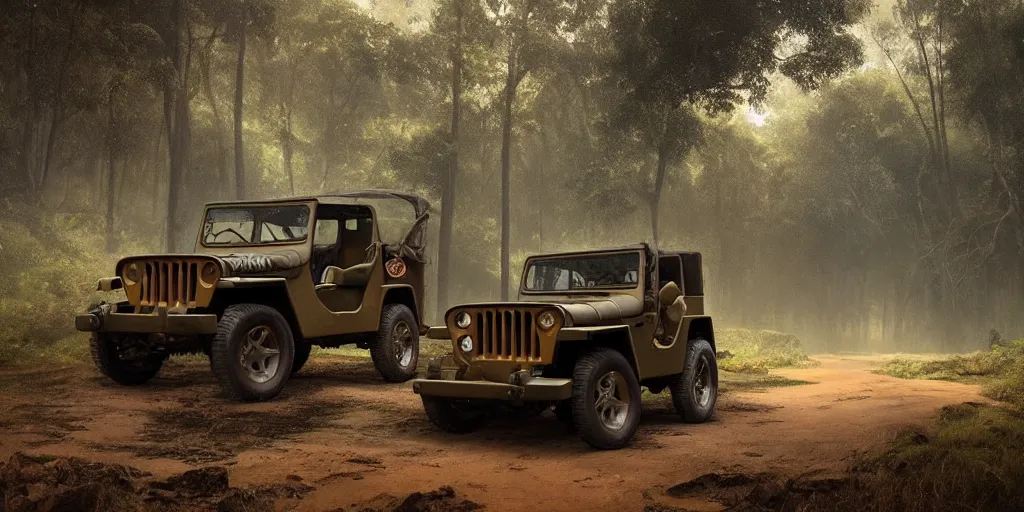Image similar to willys jeep, in kerala forest road in 1921, chasing action scene, an epic fantasy, dramatic lighting, cinematic, establishing shot, extremely high detail, photorealistic, cinematic lighting, matte painting, artstation, by simon stalenhag, horizon forbideen west